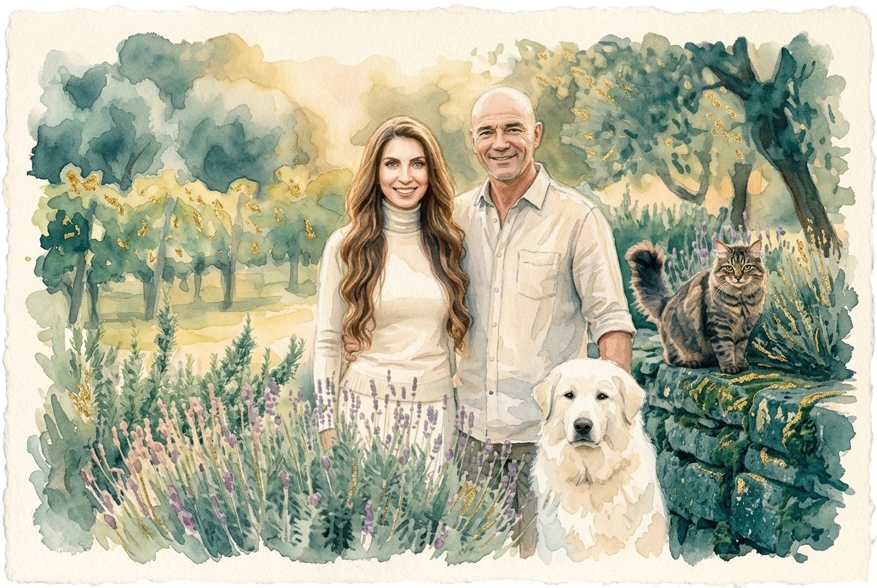 Aquarell: Melanie und Stefan Wolf mit Hund und Katze im Lavendelgarten