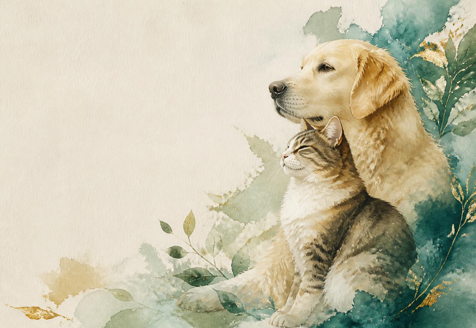 Aquarell eines wachsamen Hundes und einer Katze in Petrol- und Grüntönen