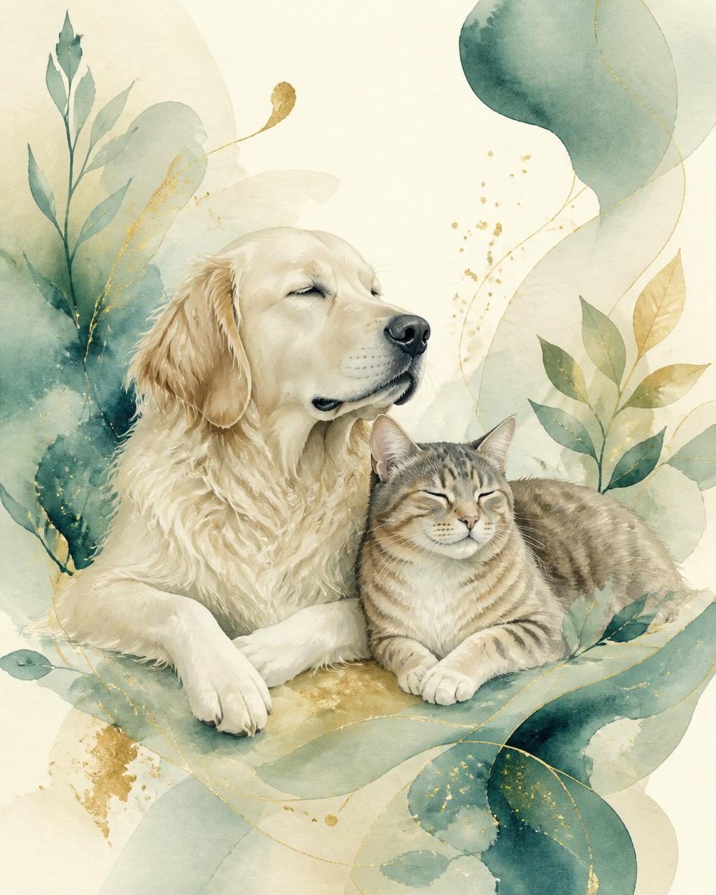 Aquarell: Hund und Katze ruhen entspannt aneinandergelehnt