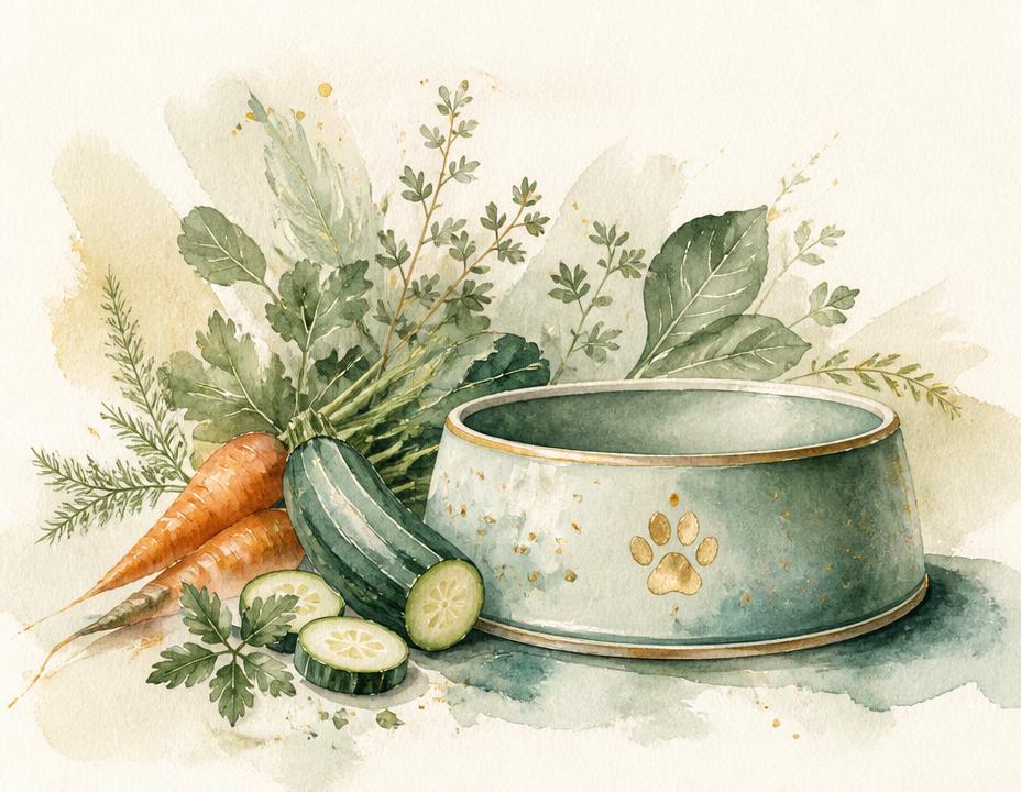 Aquarell eines Futternapfs mit frischem Gemüse und Kräutern