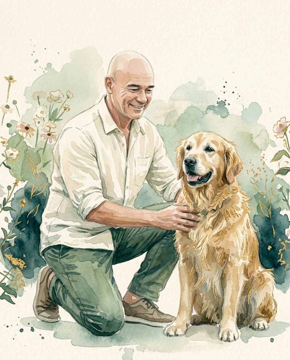 Aquarell: Dr. med. vet. Stefan Wolf mit Golden Retriever
